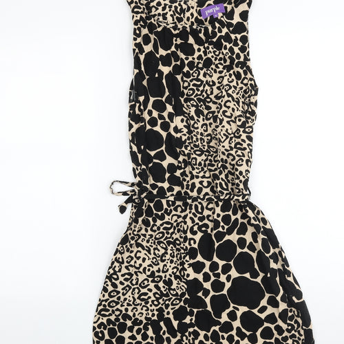 Purple Womens Black Animal Print Cotton Tank Dress Size S Boat Neck Tie