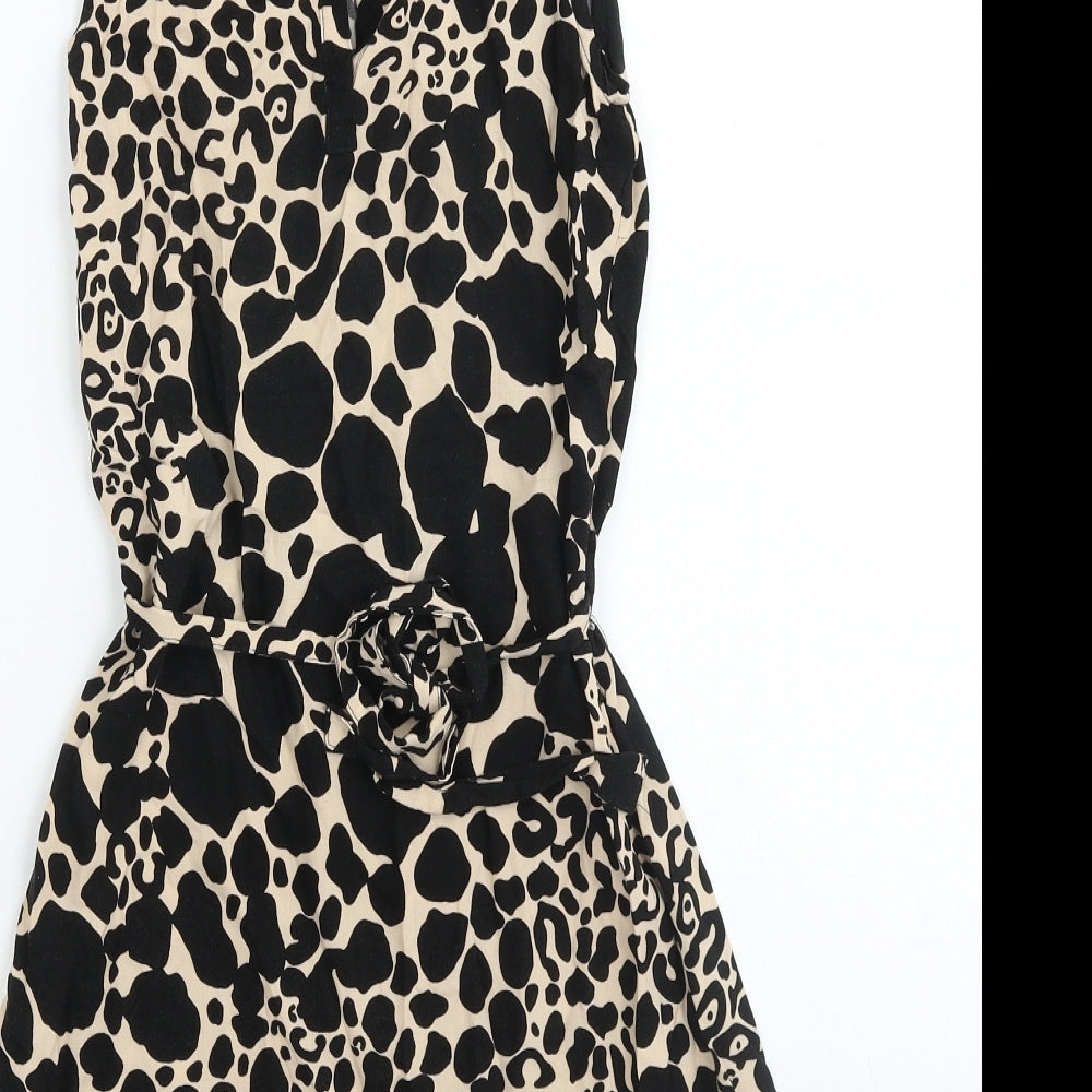 Purple Womens Black Animal Print Cotton Tank Dress Size S Boat Neck Tie