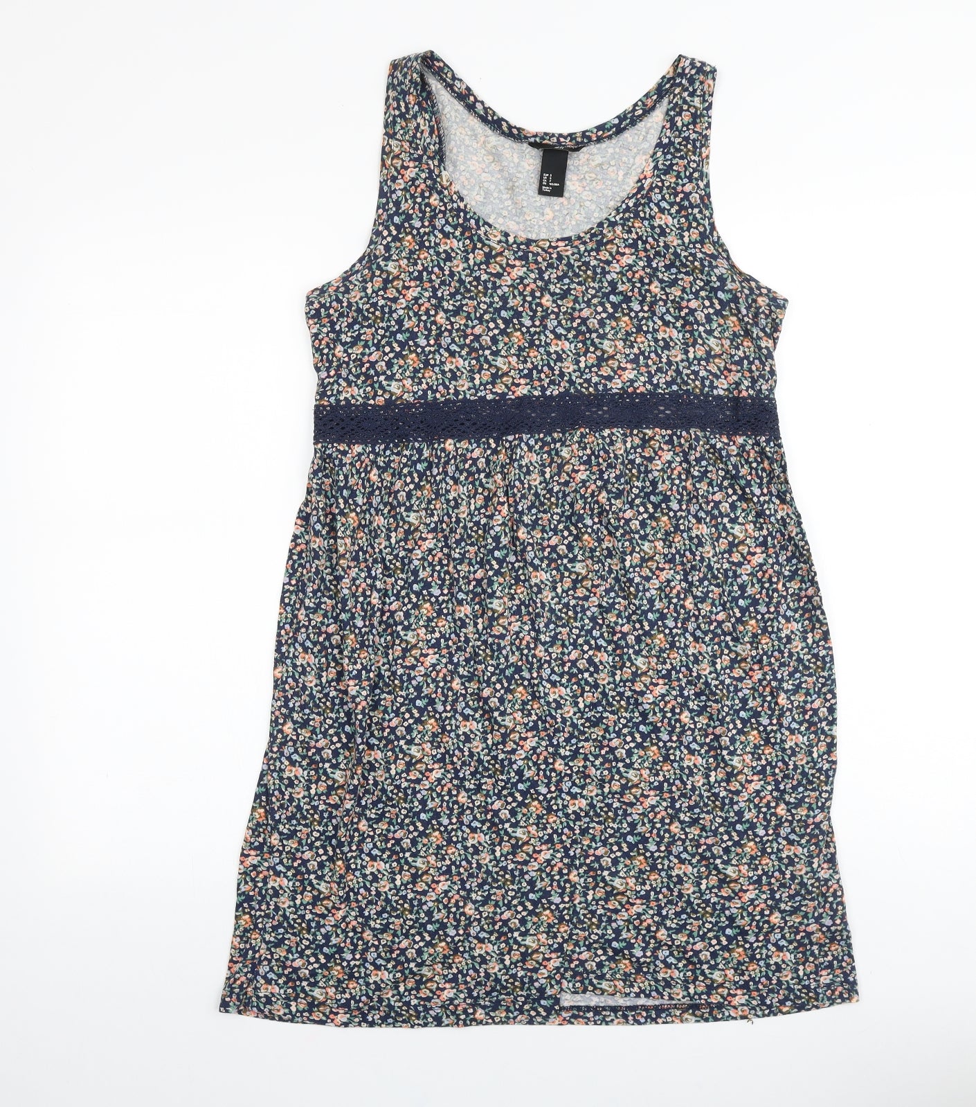 H&M Womens Blue Floral 100% Cotton Tank Dress Size S Scoop Neck Pullover - Lace Trim