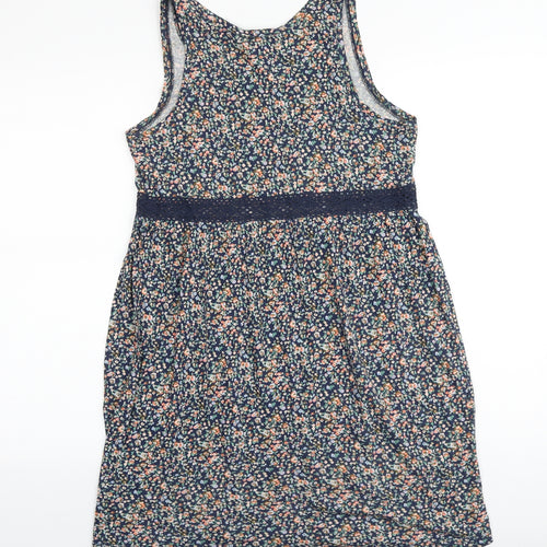 H&M Womens Blue Floral 100% Cotton Tank Dress Size S Scoop Neck Pullover - Lace Trim