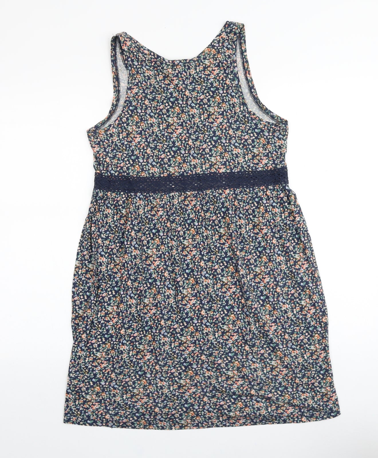 H&M Womens Blue Floral 100% Cotton Tank Dress Size S Scoop Neck Pullover - Lace Trim