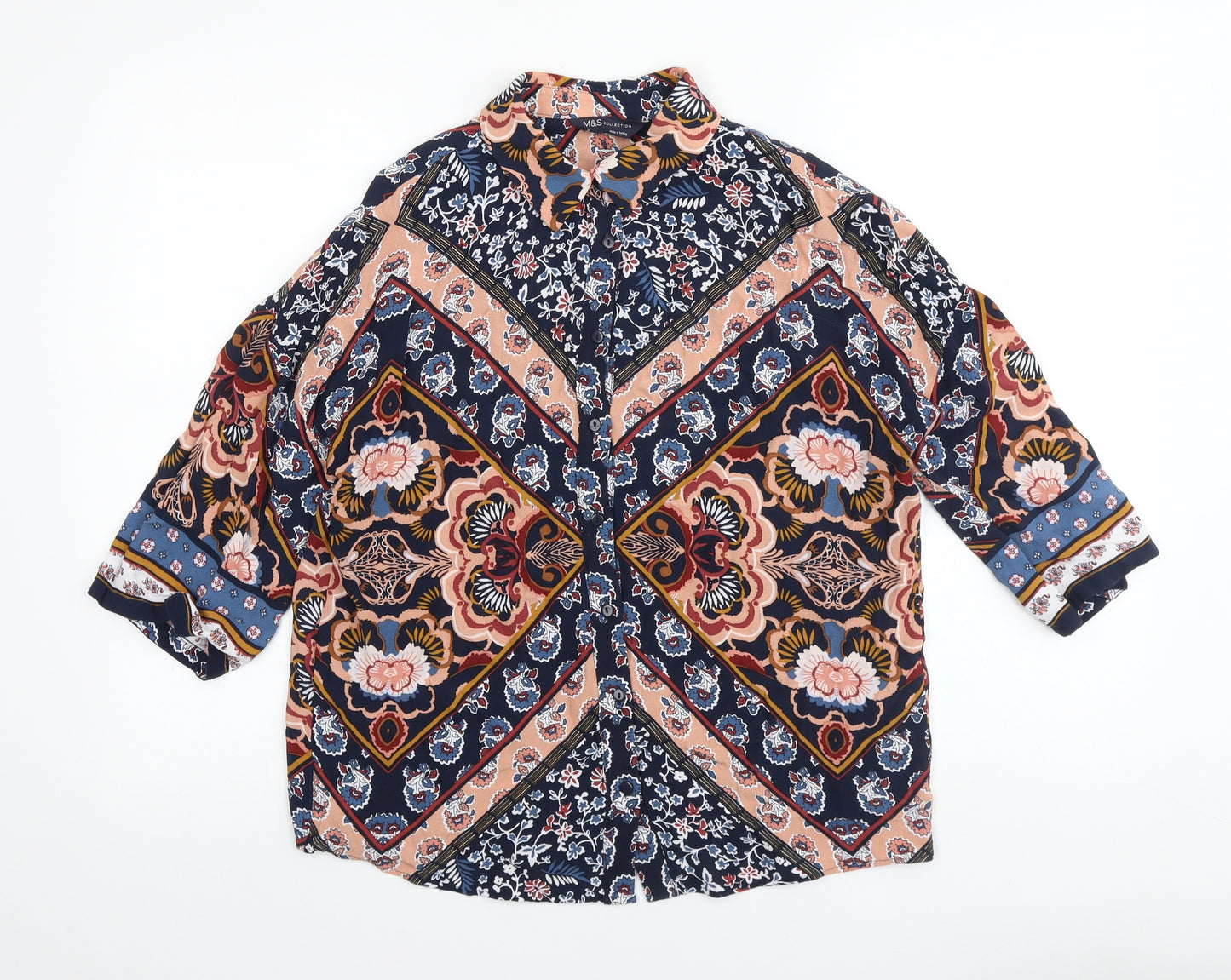 Marks and Spencer Womens Blue Geometric Polyester Basic Button-Up Size 12 Collared