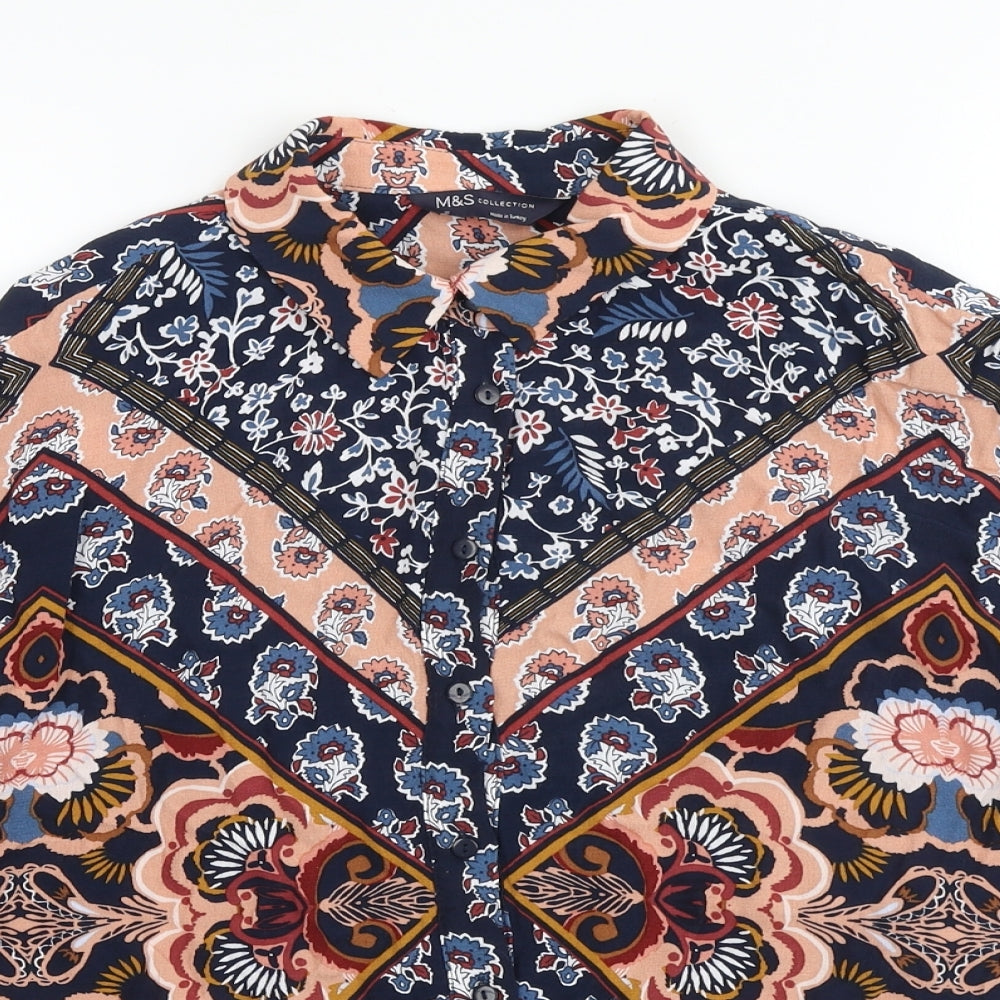 Marks and Spencer Womens Blue Geometric Polyester Basic Button-Up Size 12 Collared
