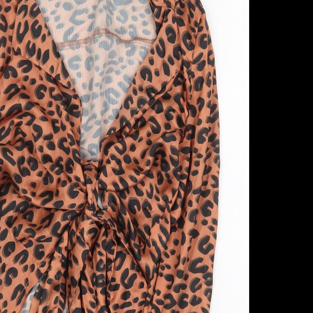 Nasty Gal Womens Orange Animal Print Polyester Basic Blouse Size 6 V-Neck