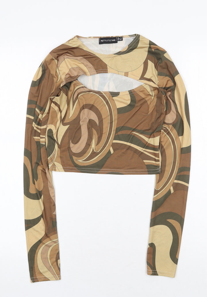 PRETTYLITTLETHING Womens Multicoloured Geometric Polyester Cropped T-Shirt Size 8 Round Neck