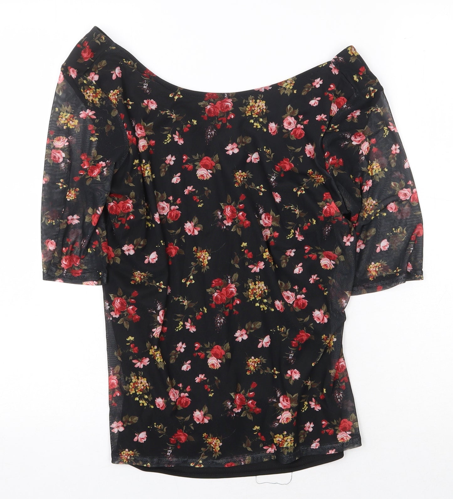 Dorothy Perkins Womens Black Floral Polyester Basic T-Shirt Size 14 Boat Neck