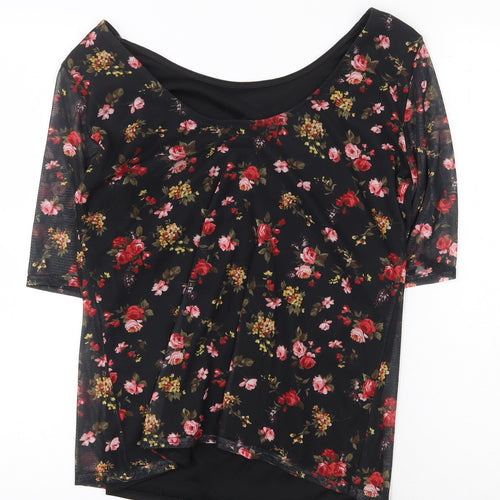 Dorothy Perkins Womens Black Floral Polyester Basic T-Shirt Size 14 Boat Neck