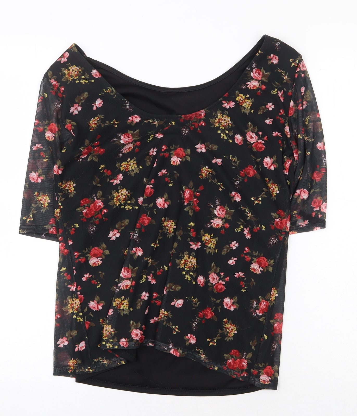 Dorothy Perkins Womens Black Floral Polyester Basic T-Shirt Size 14 Boat Neck