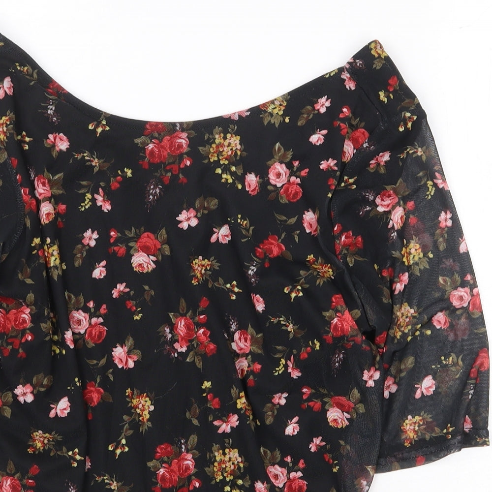 Dorothy Perkins Womens Black Floral Polyester Basic T-Shirt Size 14 Boat Neck