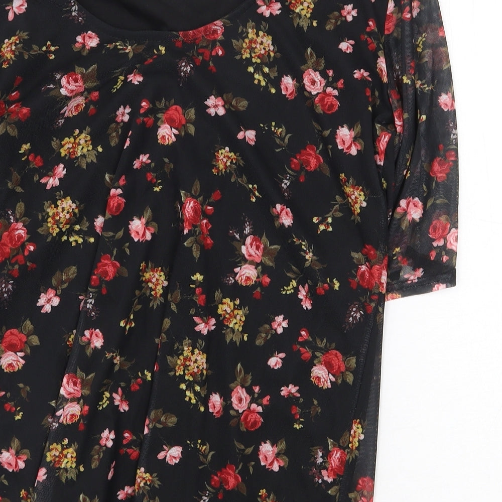 Dorothy Perkins Womens Black Floral Polyester Basic T-Shirt Size 14 Boat Neck