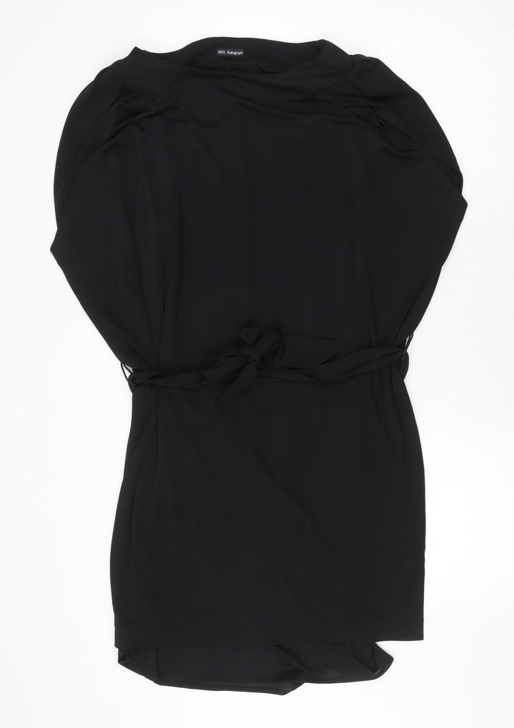 Marks and Spencer Womens Black Polyester Shift Size 10 Boat Neck Tie