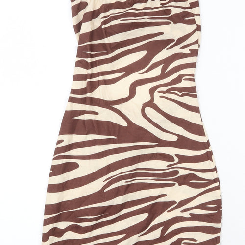 PRETTYLITTLETHING Womens Brown Animal Print Polyester Bodycon Size 8 Scoop Neck Tie - Zebra Print