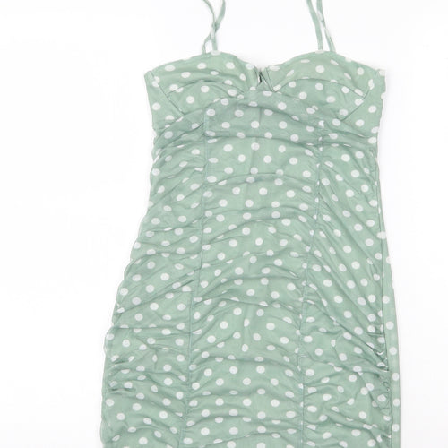 PRETTYLITTLETHING Womens Green Polka Dot Polyester Slip Dress Size 6 Sweetheart Pullover
