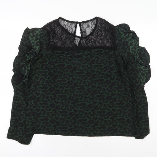 Preworn Womens Green Animal Print Polyester Basic Blouse Size L Round Neck - Lace Detail Leopard Print