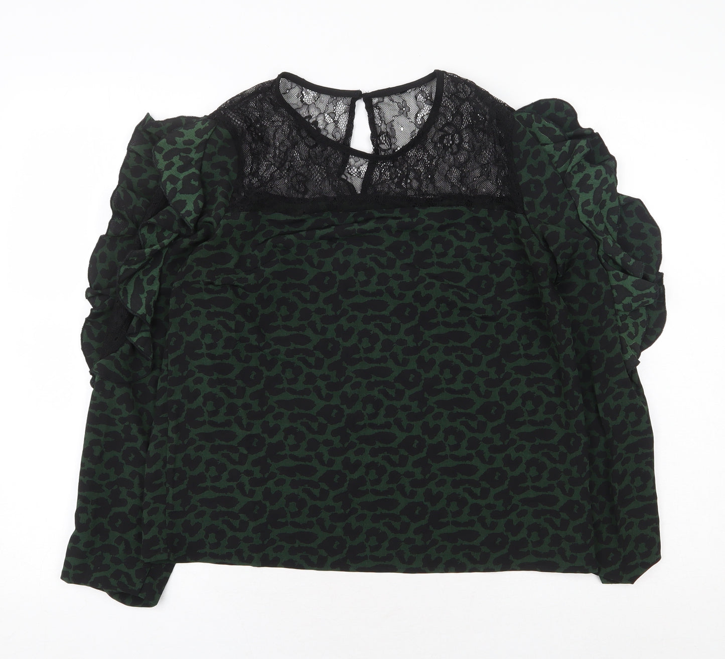 Preworn Womens Green Animal Print Polyester Basic Blouse Size L Round Neck - Lace Detail Leopard Print