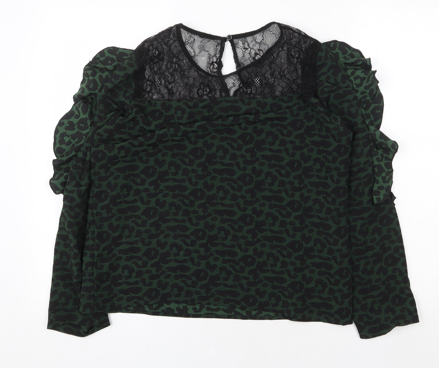 Preworn Womens Green Animal Print Polyester Basic Blouse Size L Round Neck - Lace Detail Leopard Print