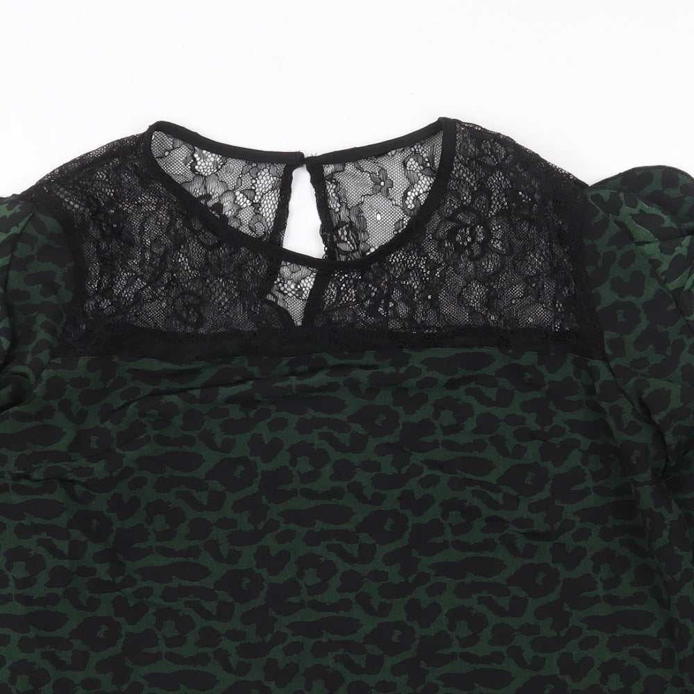 Preworn Womens Green Animal Print Polyester Basic Blouse Size L Round Neck - Lace Detail Leopard Print