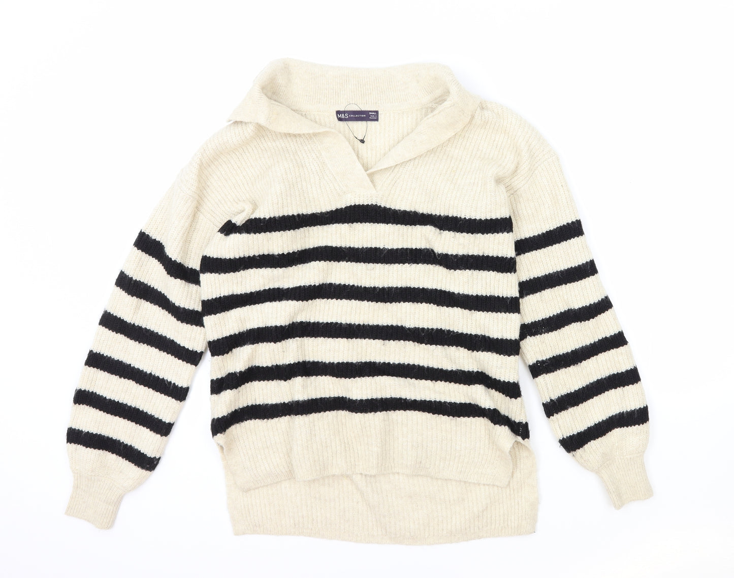 Marks and Spencer Womens Beige Collared Striped Acrylic Pullover Jumper Size S