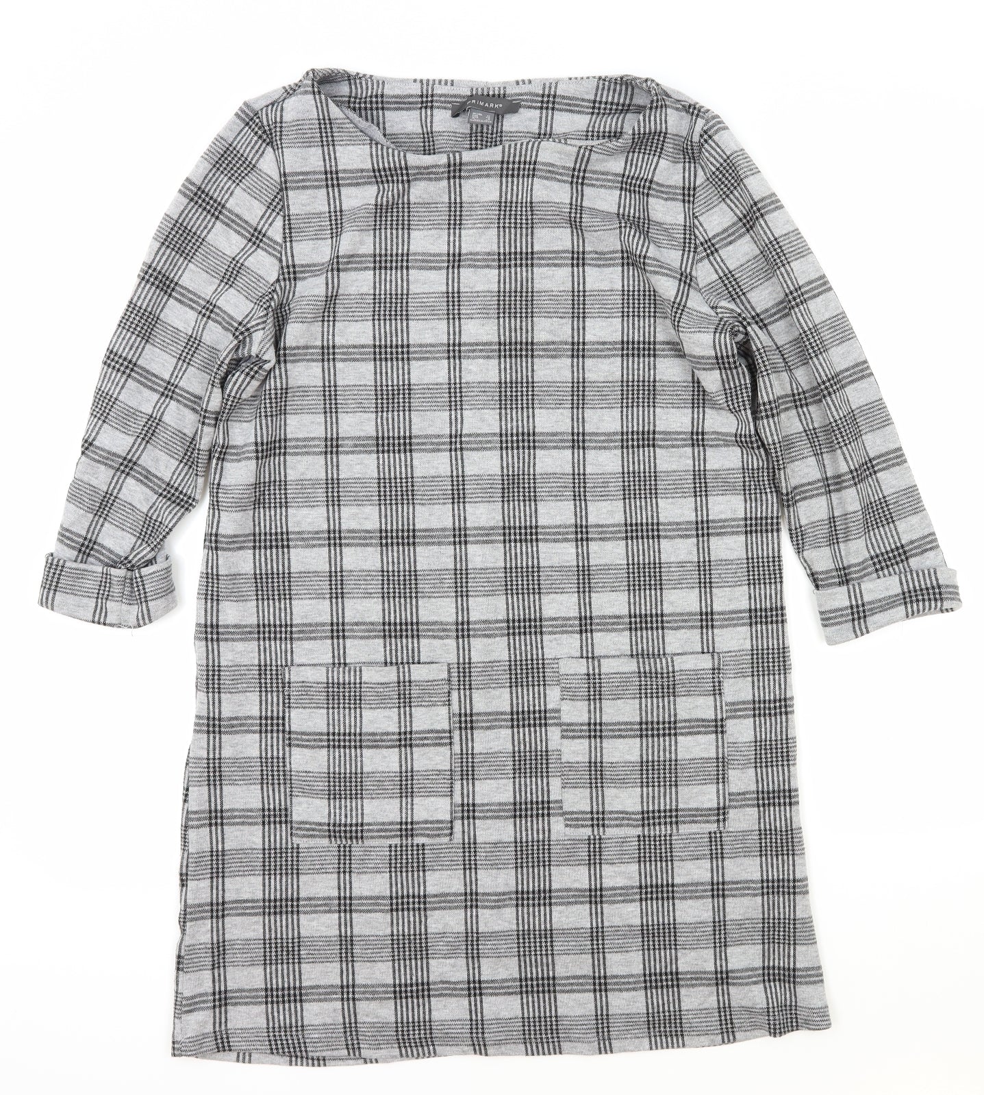 Primark Womens Grey Plaid Polyester Shift Size 12 Boat Neck Pullover