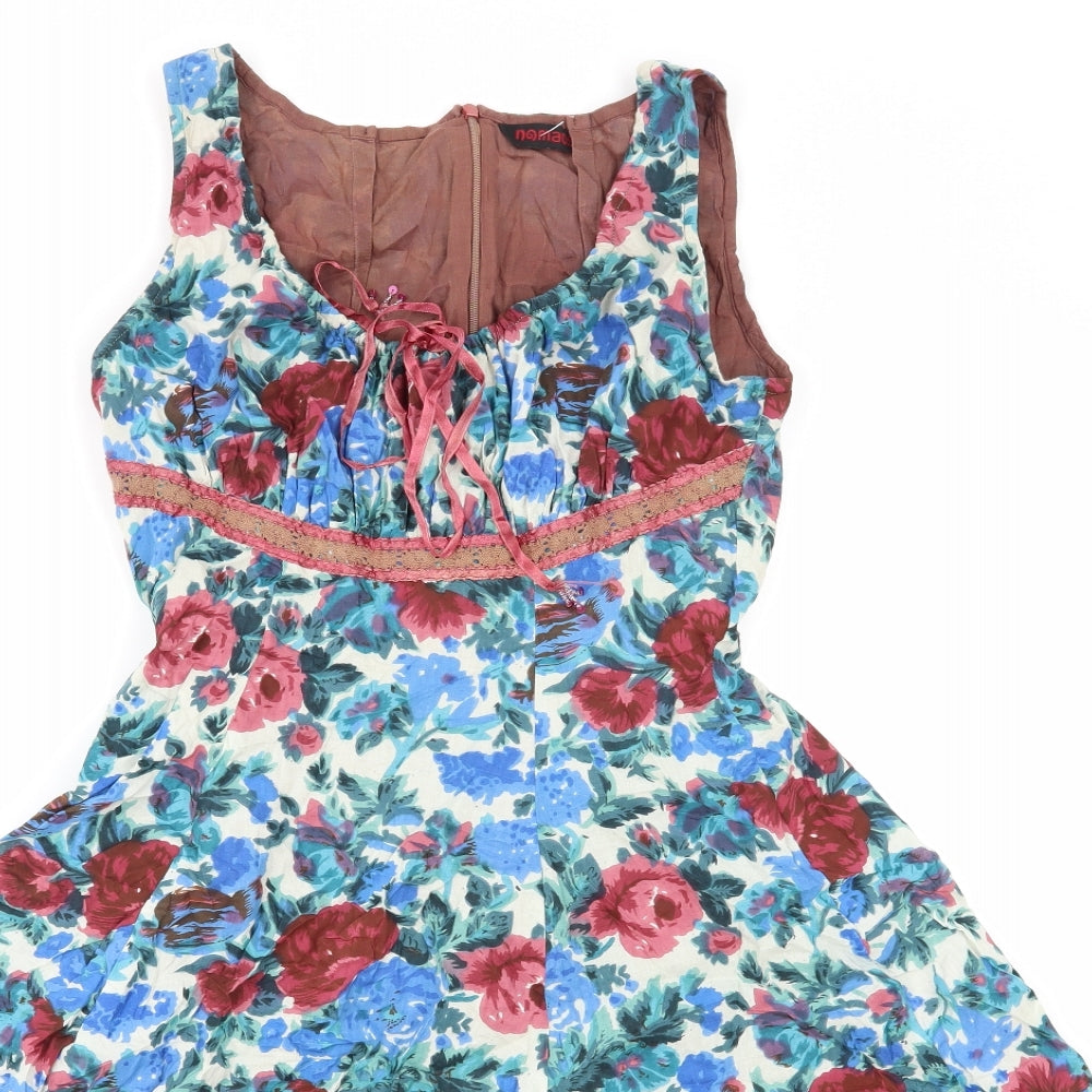 Nomaos Womens Multicoloured Floral 100% Cotton Skater Dress Size S Scoop Neck Zip