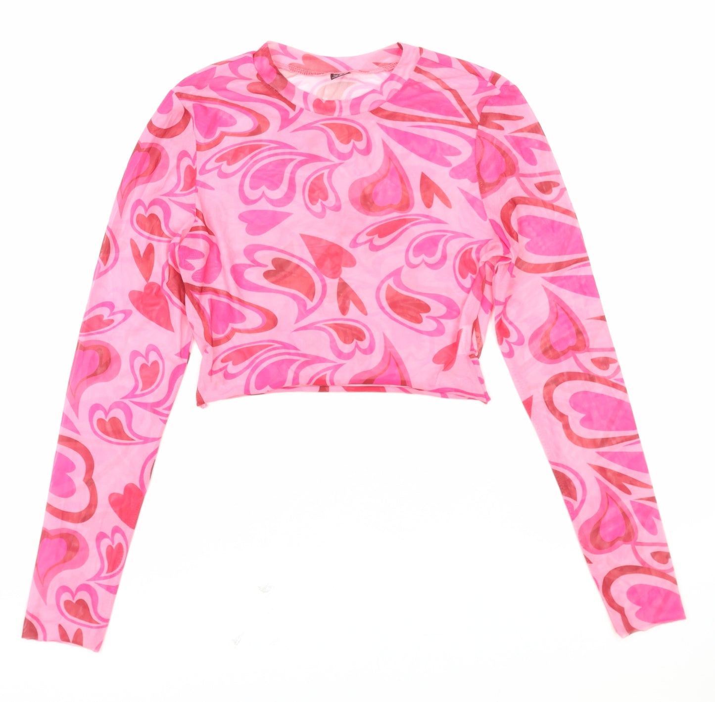 SheIn Womens Pink Geometric Nylon Cropped Blouse Size S Round Neck - Heart Print