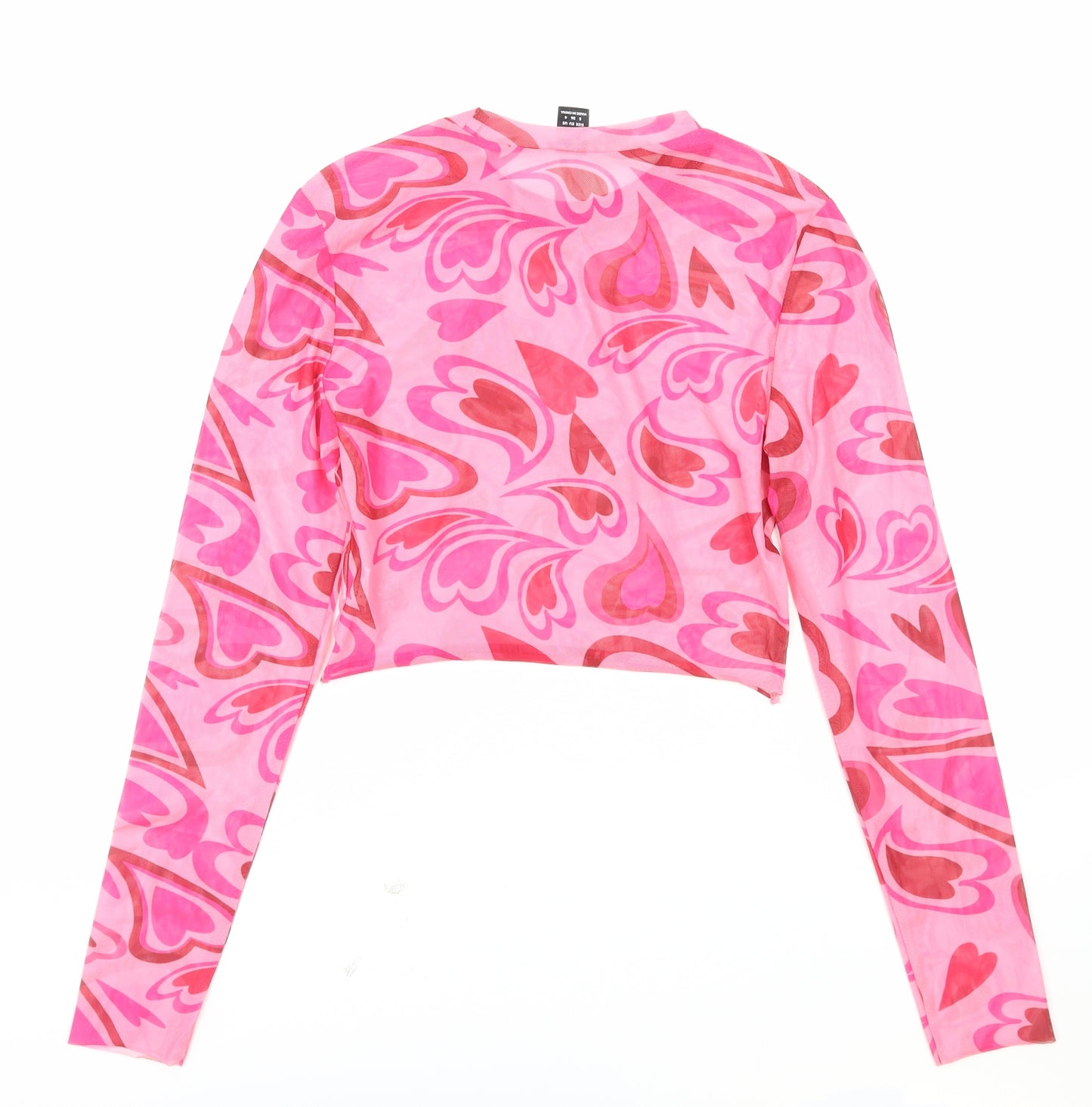 SheIn Womens Pink Geometric Nylon Cropped Blouse Size S Round Neck - Heart Print