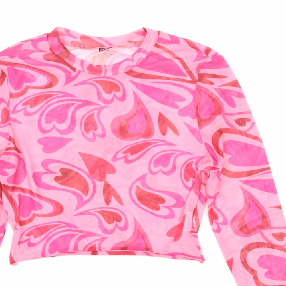 SheIn Womens Pink Geometric Nylon Cropped Blouse Size S Round Neck - Heart Print