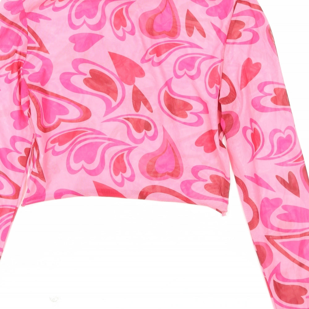 SheIn Womens Pink Geometric Nylon Cropped Blouse Size S Round Neck - Heart Print