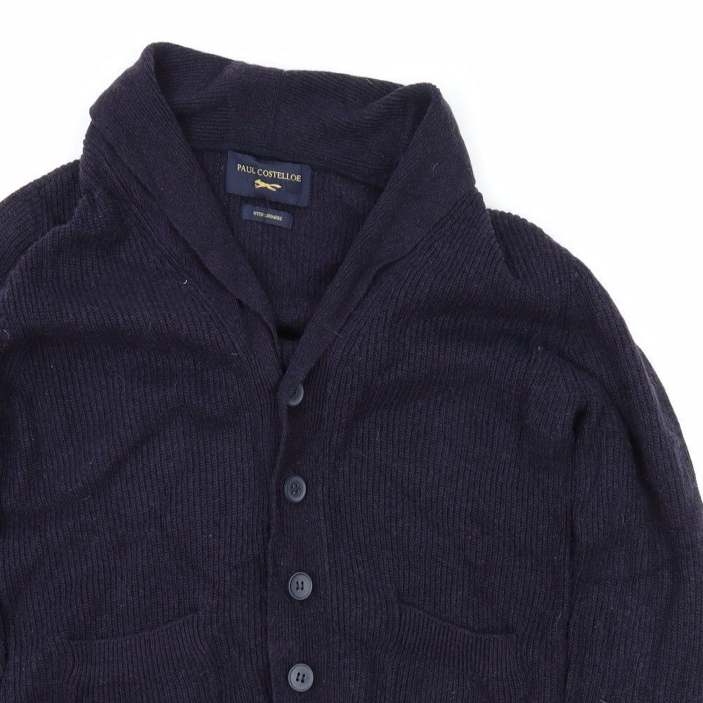 Paul Costelloe Mens Blue V-Neck Wool Cardigan Jumper Size L