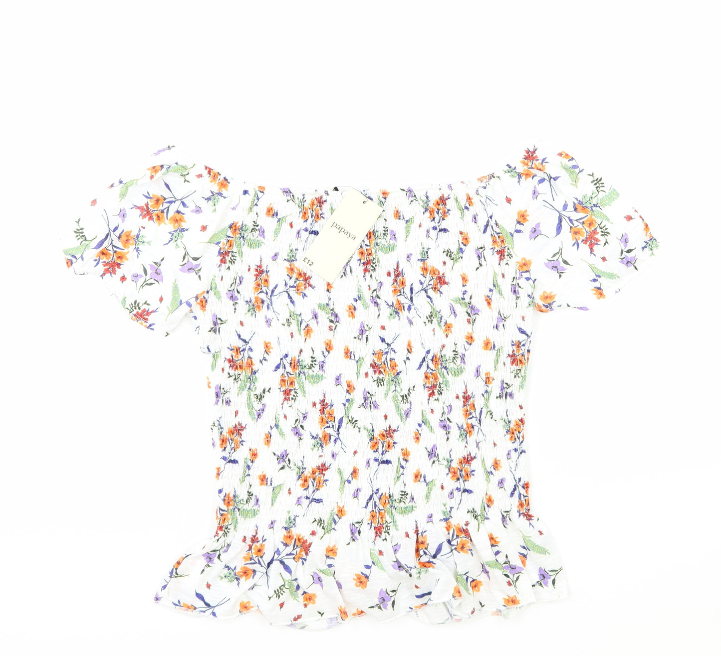 Papaya Womens White Floral Polyester Basic Blouse Size 12 Off the Shoulder - Shirred