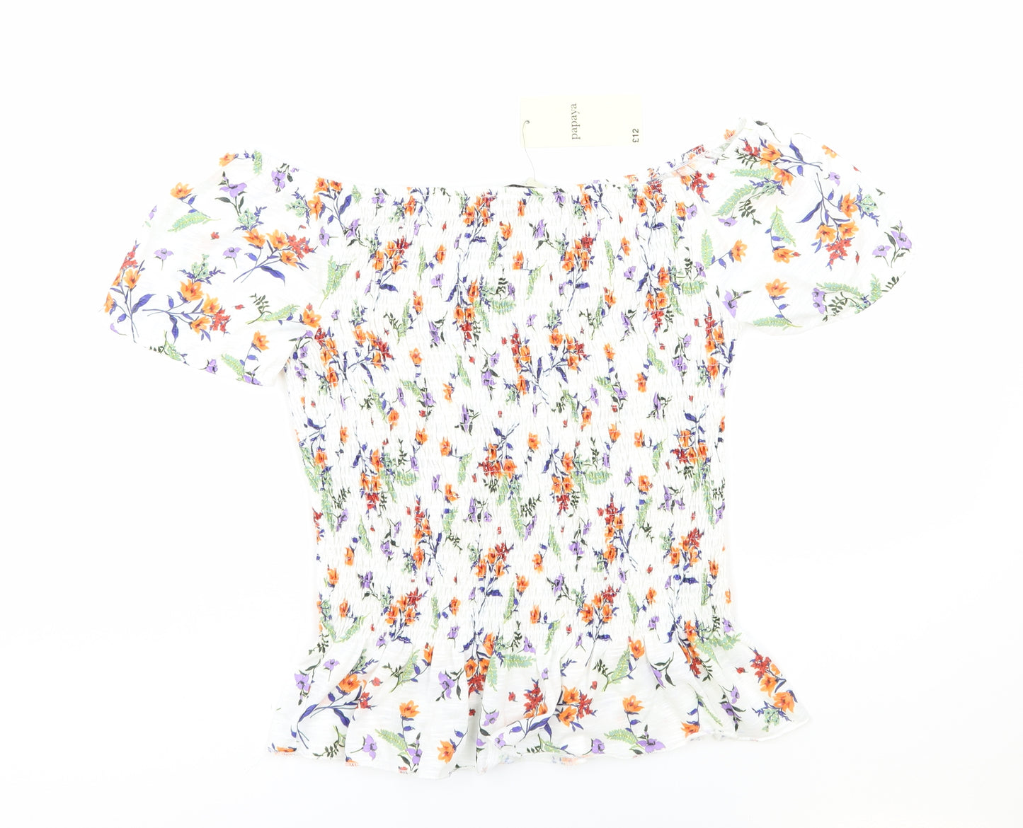 Papaya Womens White Floral Polyester Basic Blouse Size 12 Off the Shoulder - Shirred