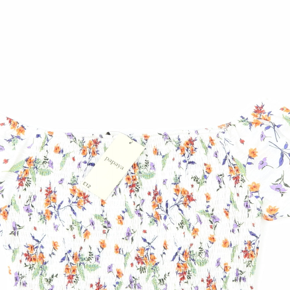 Papaya Womens White Floral Polyester Basic Blouse Size 12 Off the Shoulder - Shirred