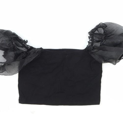 Topshop Womens Black Cotton Cropped Blouse Size 8 Square Neck - Puff Sleeve