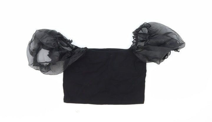 Topshop Womens Black Cotton Cropped Blouse Size 8 Square Neck - Puff Sleeve