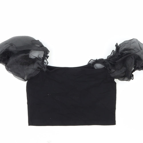 Topshop Womens Black Cotton Cropped Blouse Size 8 Square Neck - Puff Sleeve