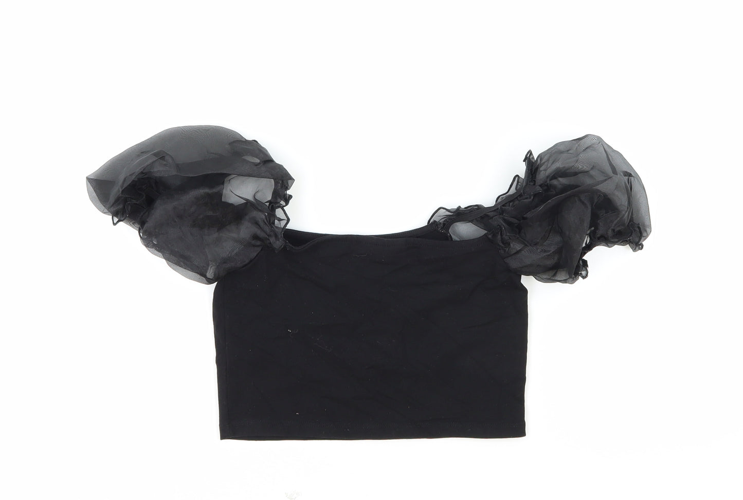 Topshop Womens Black Cotton Cropped Blouse Size 8 Square Neck - Puff Sleeve