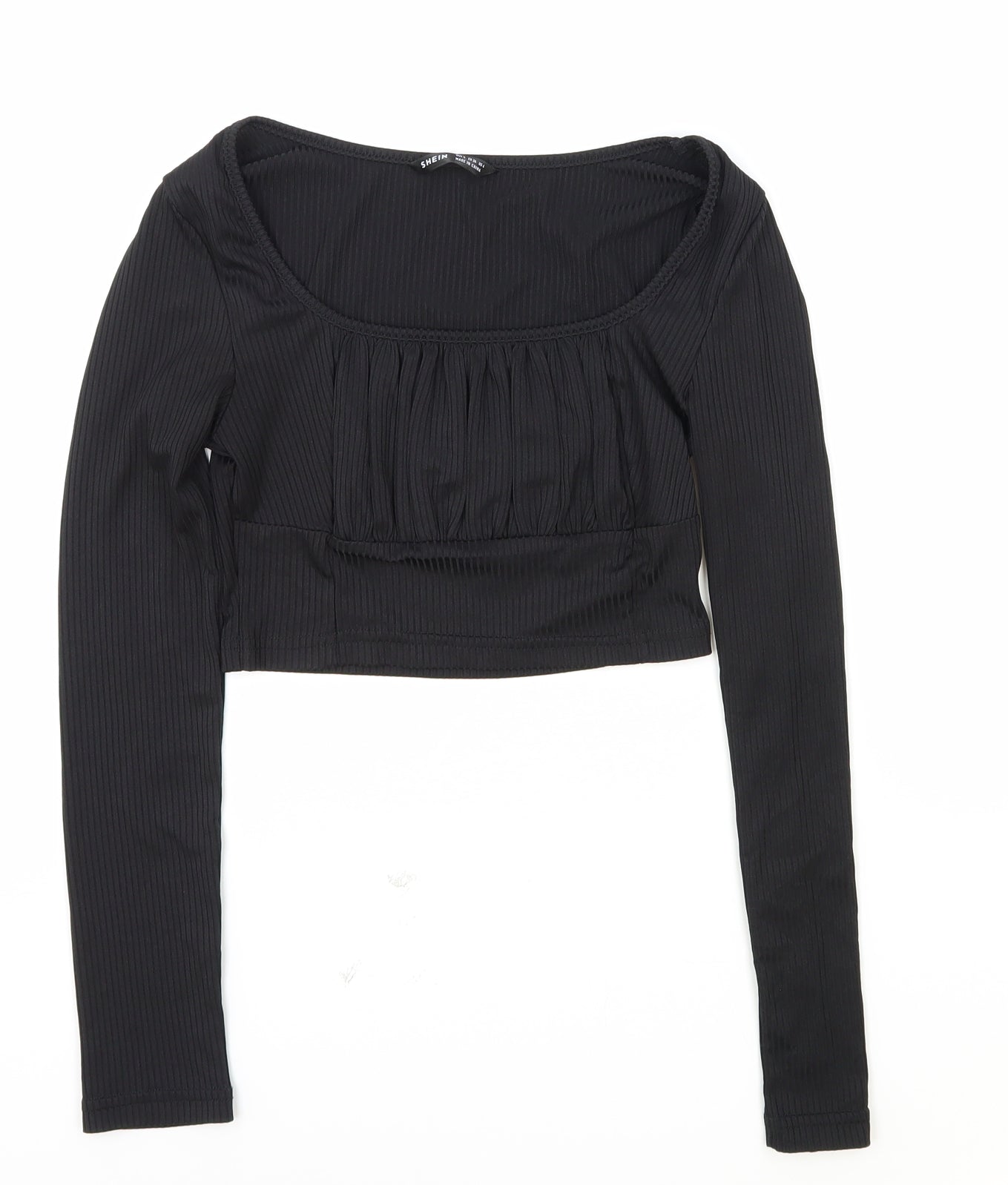 SheIn Womens Black Polyester Cropped Blouse Size S Scoop Neck - Ribbed
