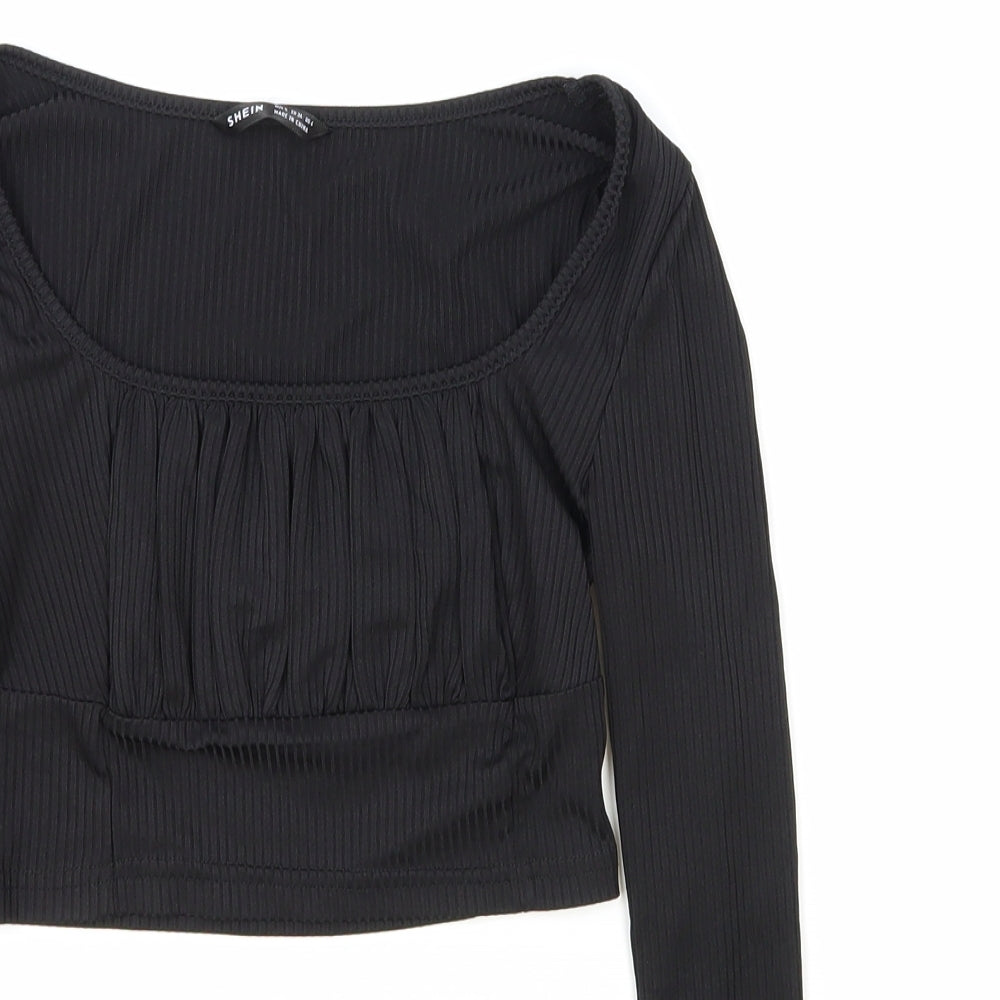SheIn Womens Black Polyester Cropped Blouse Size S Scoop Neck - Ribbed
