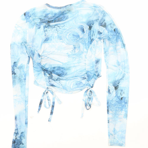 PRETTYLITTLETHING Womens Blue Geometric Viscose Cropped T-Shirt Size 8 Round Neck - Dragon
