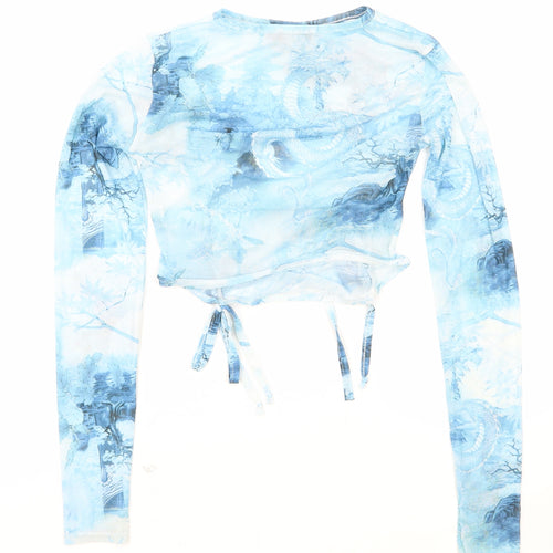 PRETTYLITTLETHING Womens Blue Geometric Viscose Cropped T-Shirt Size 8 Round Neck - Dragon