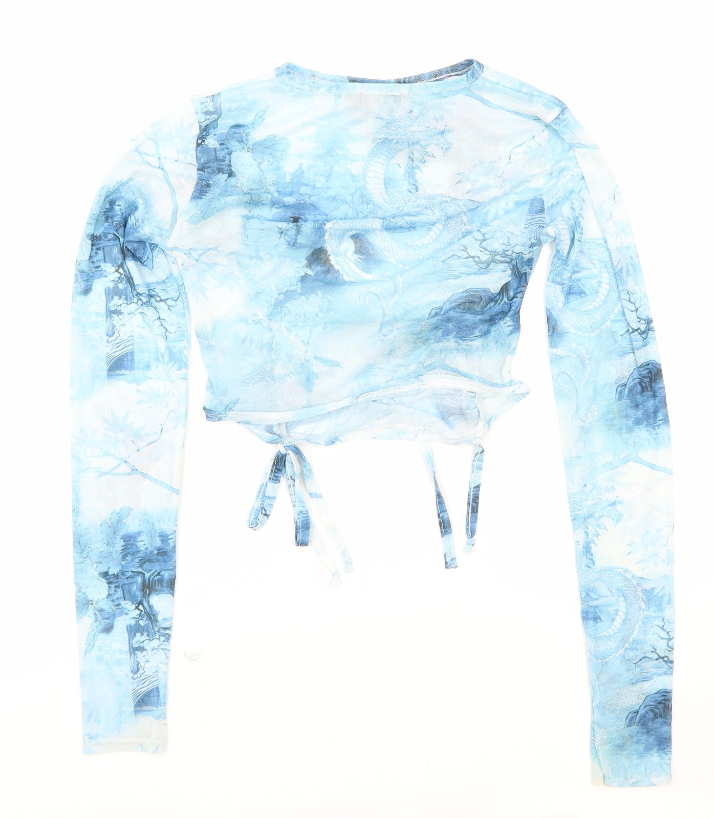 PRETTYLITTLETHING Womens Blue Geometric Viscose Cropped T-Shirt Size 8 Round Neck - Dragon
