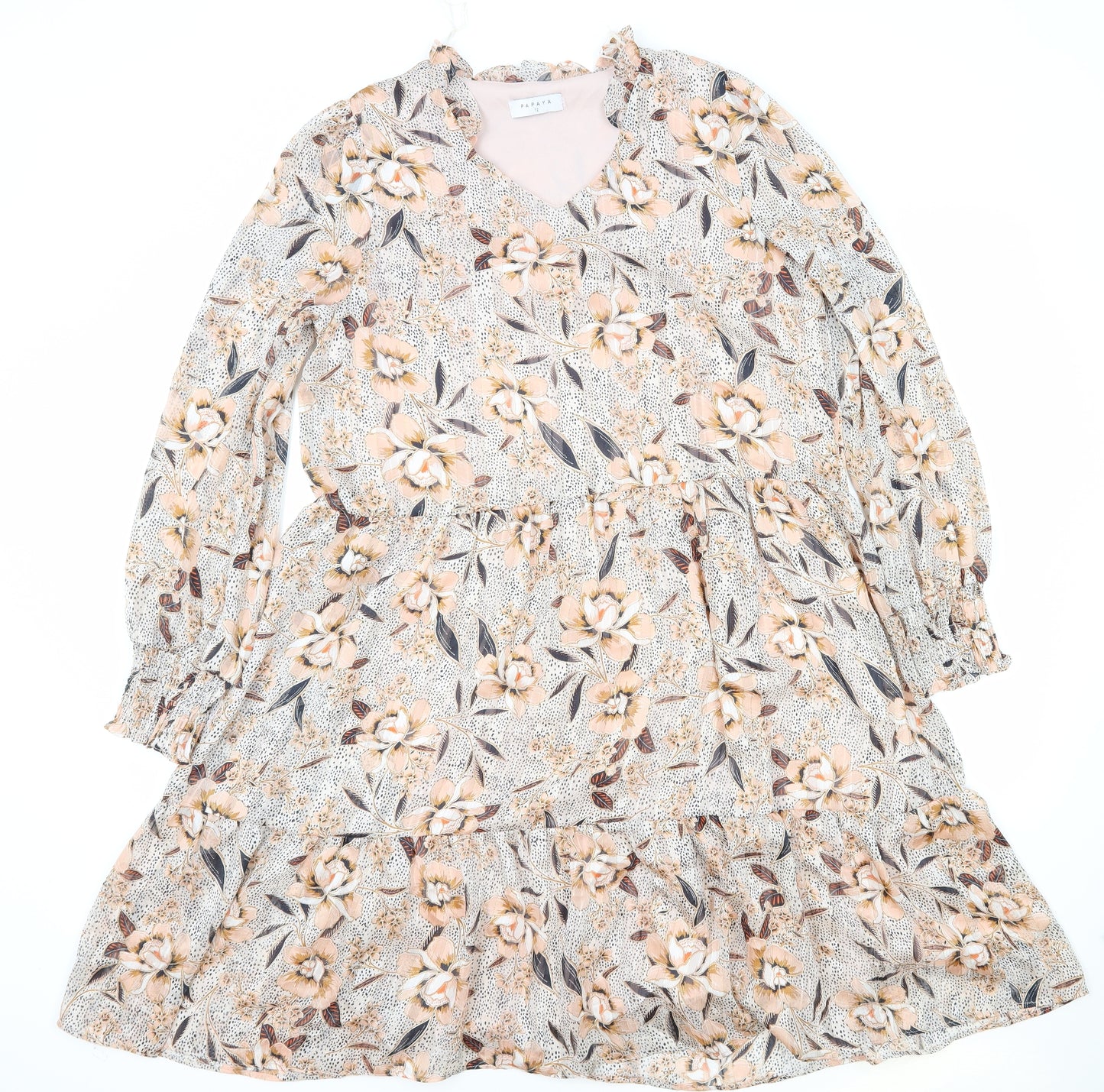 Papaya Womens Pink Floral Viscose Skater Dress Size 12 V-Neck Pullover - Tiered
