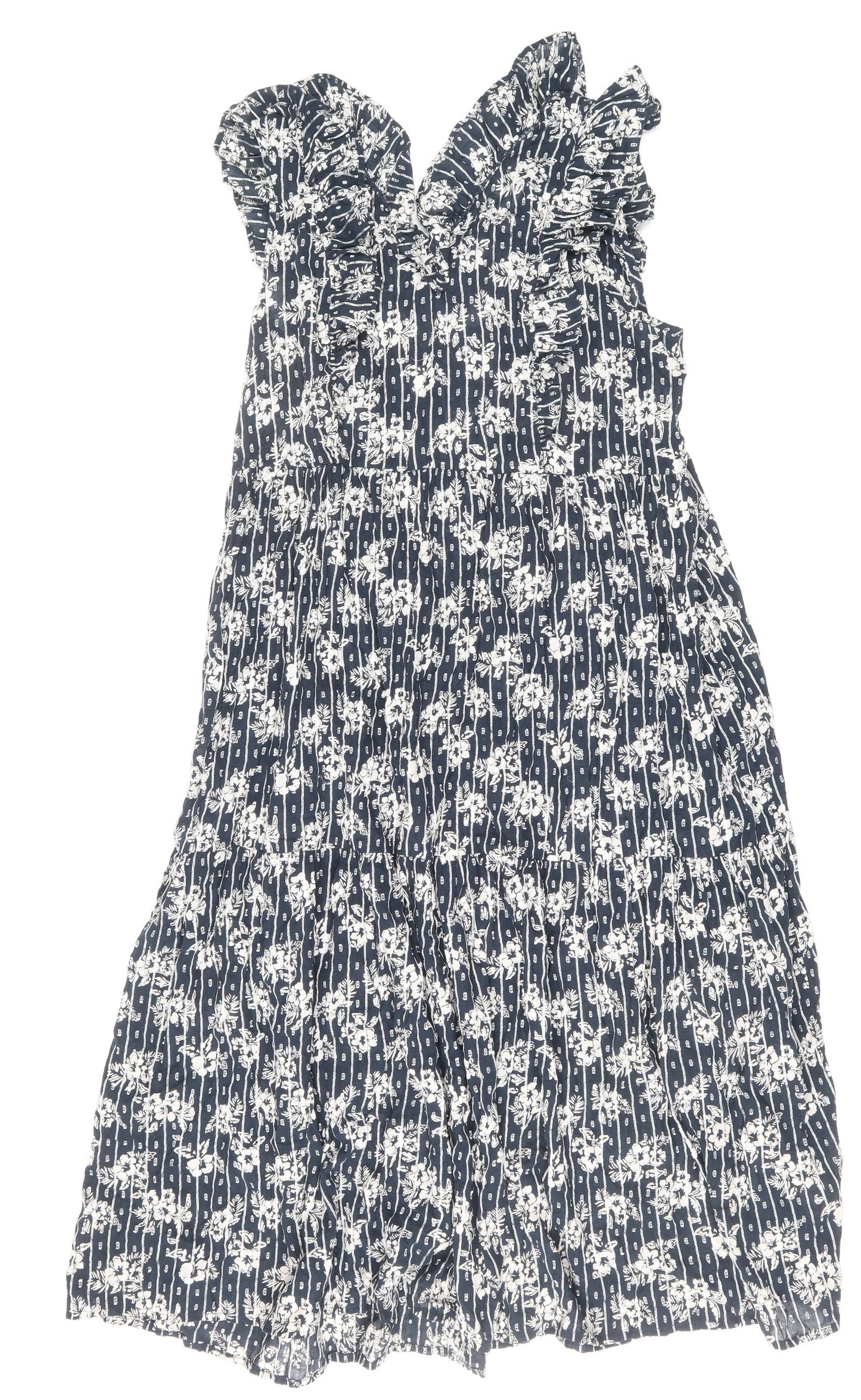 NEXT Womens Black Floral Cotton A-Line Size 12 V-Neck Tie