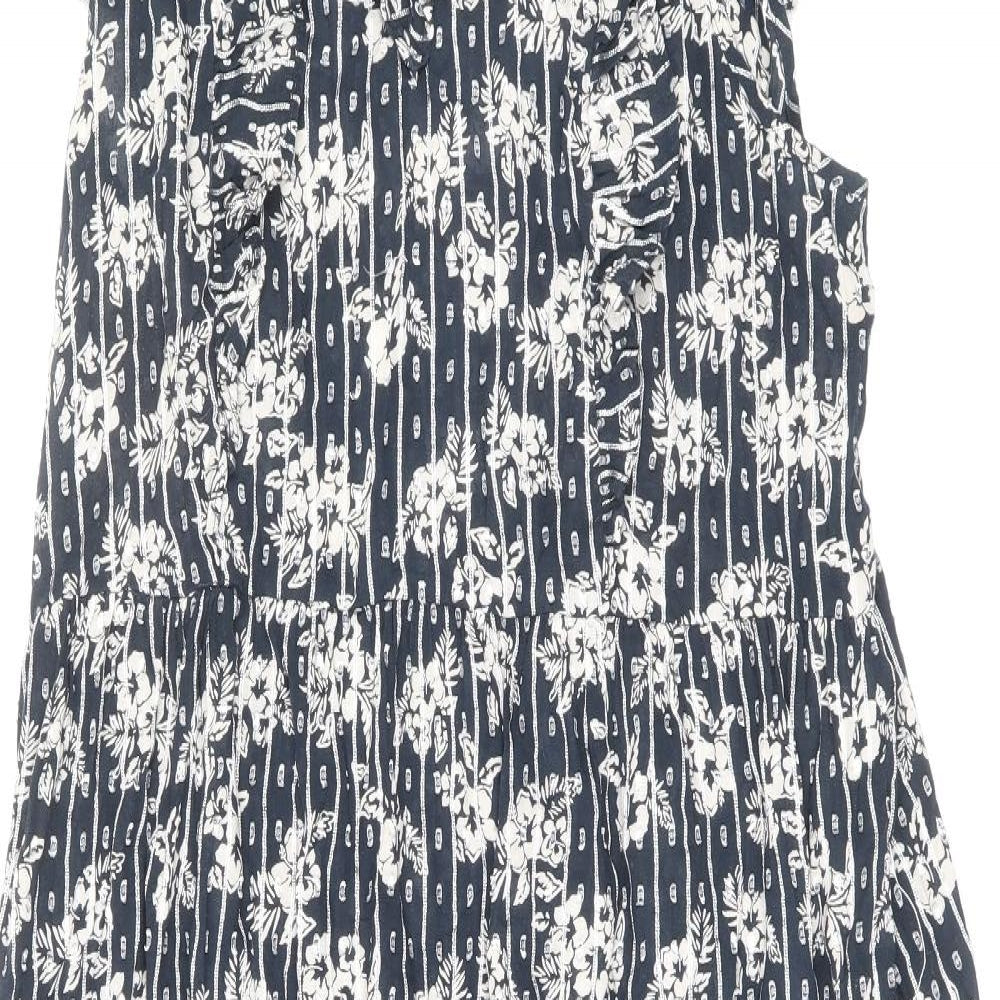 NEXT Womens Black Floral Cotton A-Line Size 12 V-Neck Tie