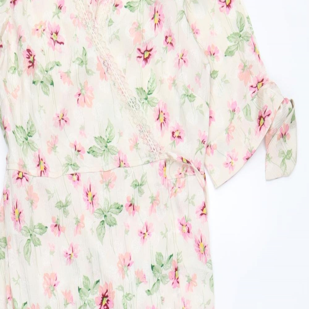 Topshop Womens Pink Floral Polyethylene A-Line Size 12 V-Neck Tie