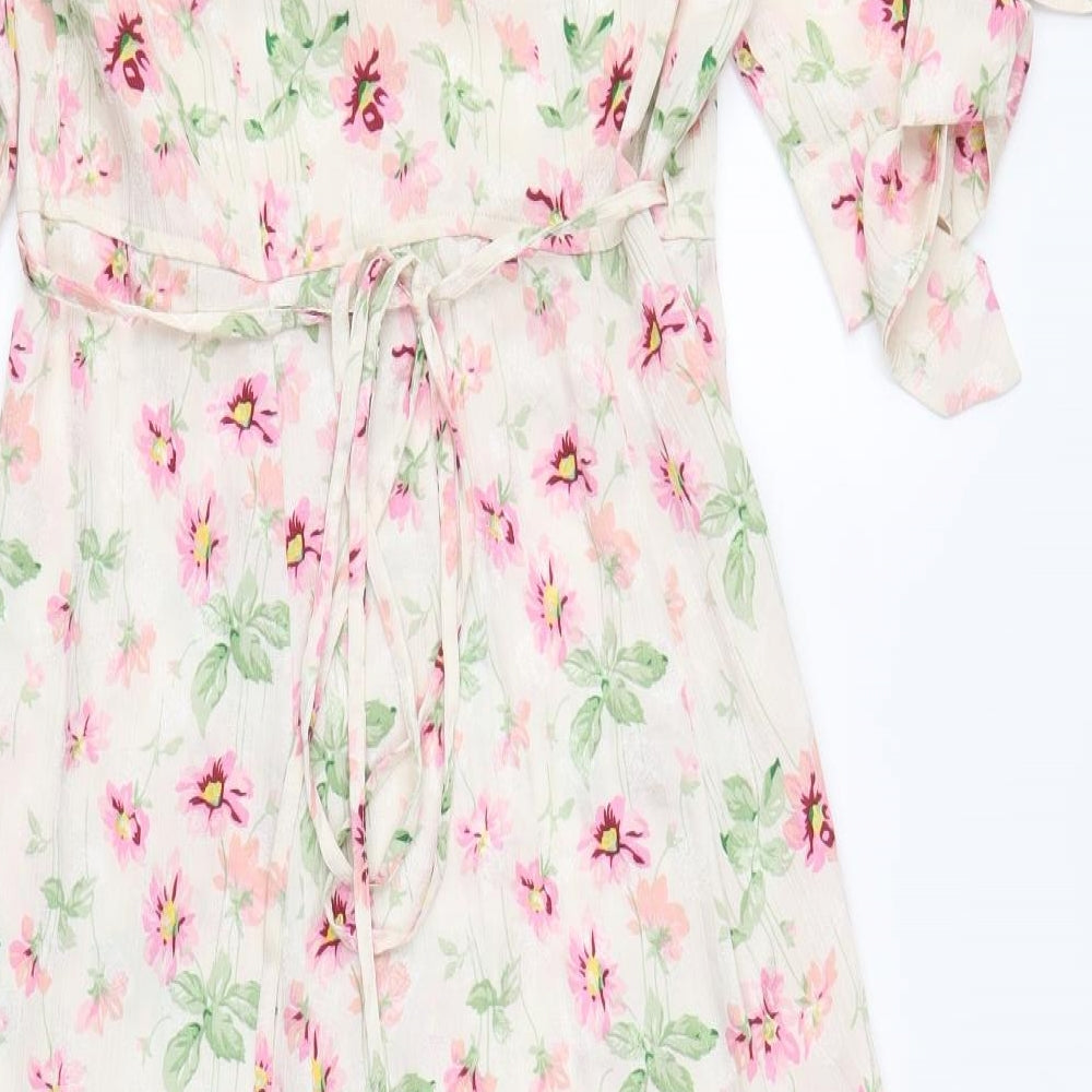 Topshop Womens Pink Floral Polyethylene A-Line Size 12 V-Neck Tie