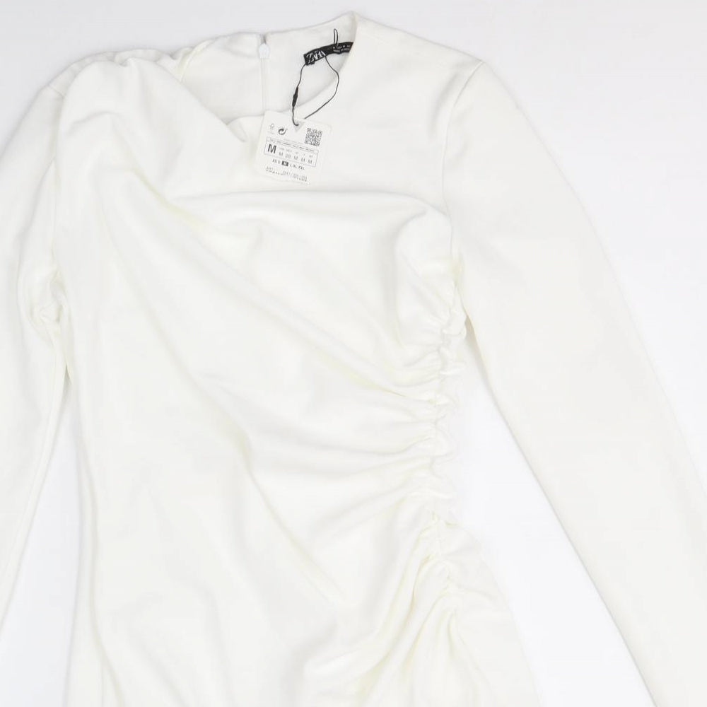 Zara Womens White Polyester A-Line Size M Round Neck Zip