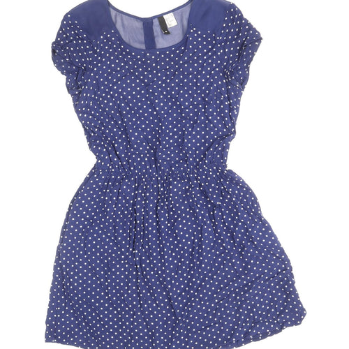 Divided by H&M Womens Blue Polka Dot Viscose A-Line Size 8 Scoop Neck Button