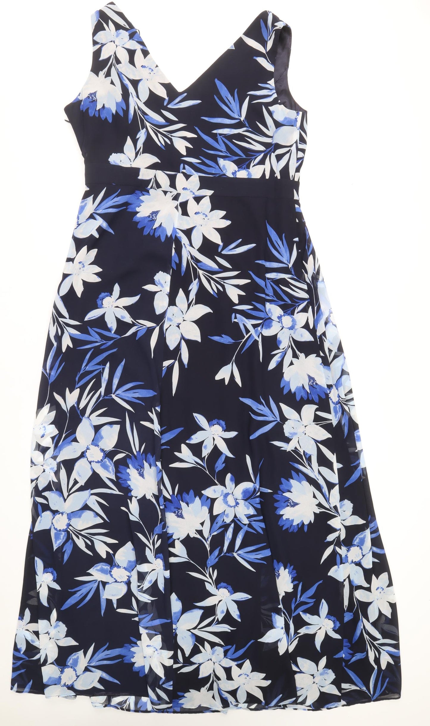 Jaques Vert Womens Blue Floral Polyester A-Line Size 16 V-Neck Zip