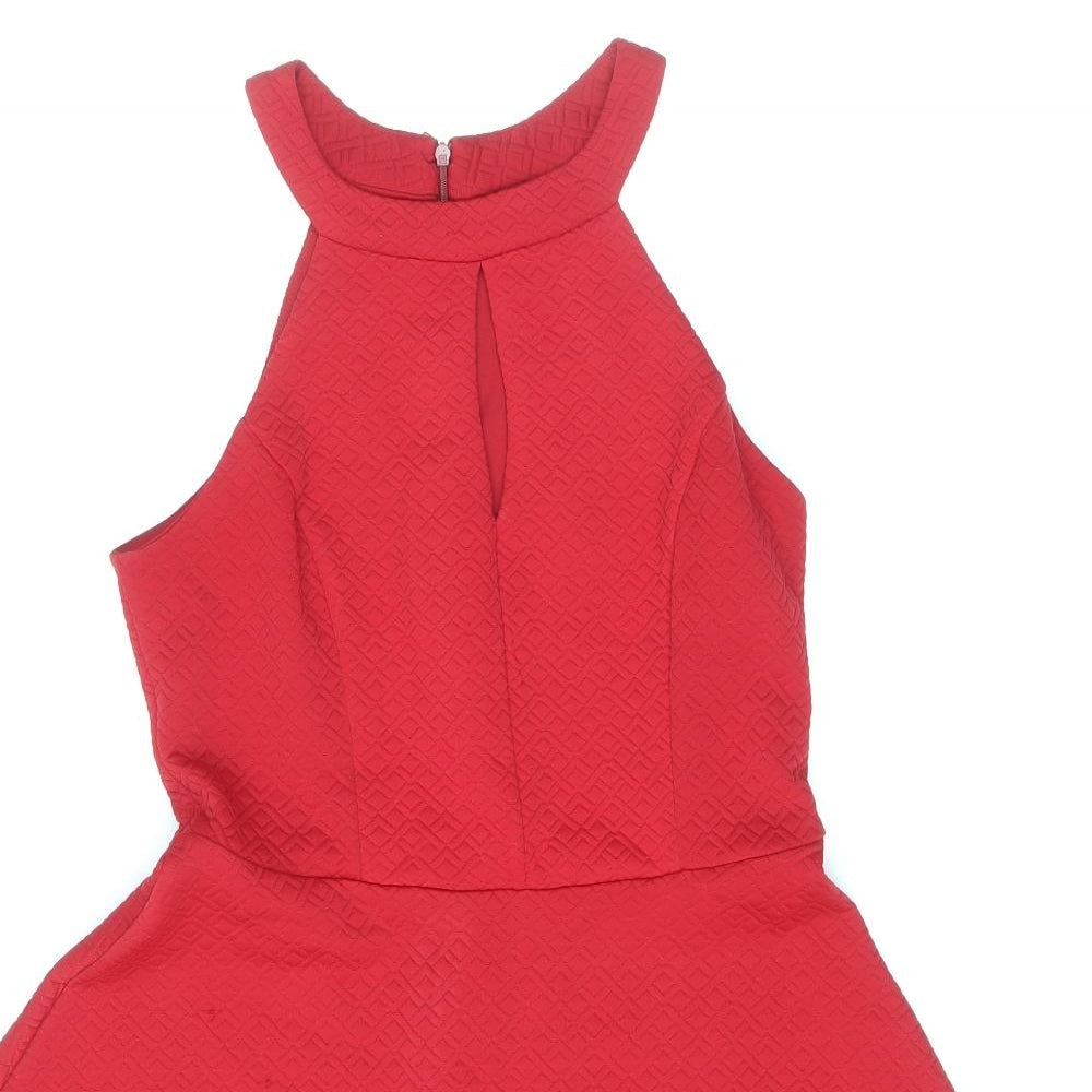 New Look Womens Red Polyester Skater Dress Size 10 Halter Zip